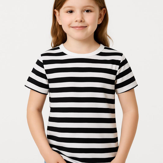 Girls Black and White Stripe T-Shirt – Kids Fancy Dress Top for Mime, Pirate, French & Book Day Costumes