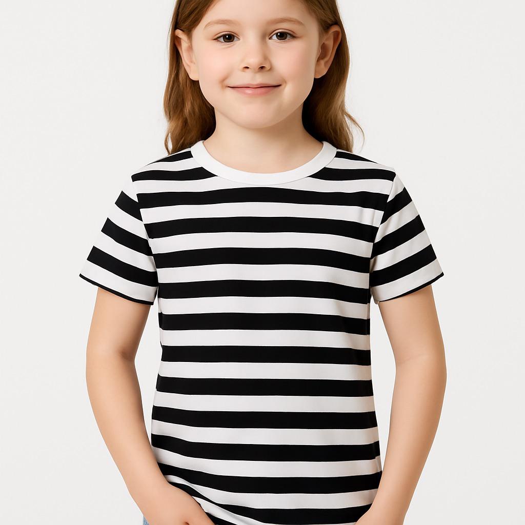 Girls Black and White Stripe T-Shirt – Kids Fancy Dress Top for Mime, Pirate, French & Book Day Costumes
