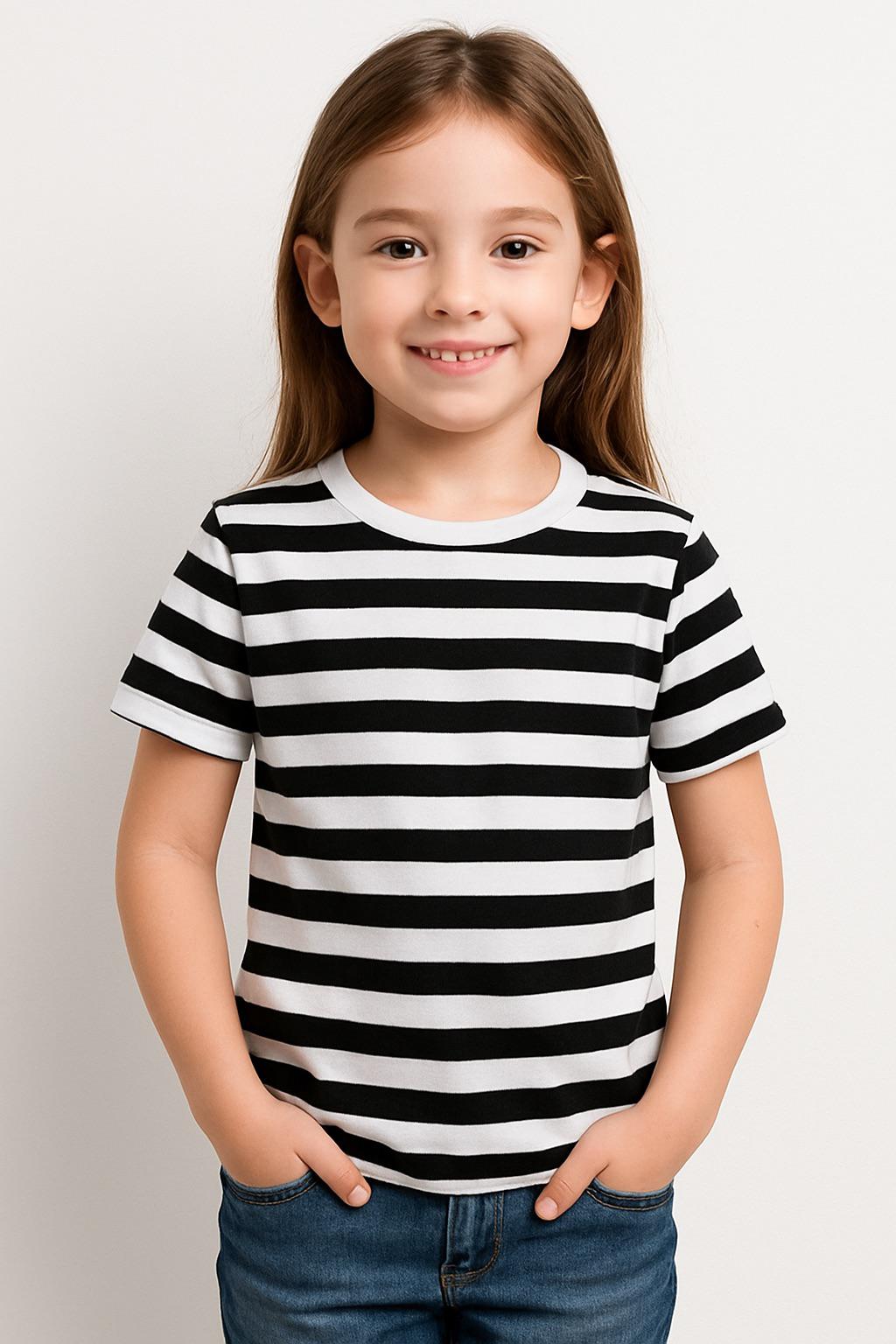 Girls Black and White Stripe T-Shirt – Kids Fancy Dress Top for Mime, Pirate, French & Book Day Costumes