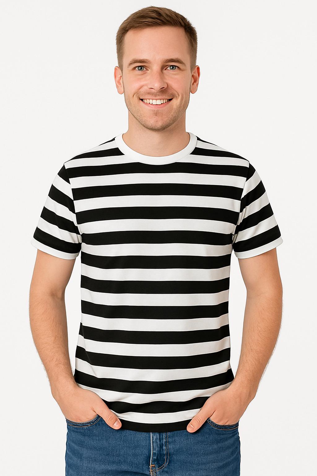 Men’s Black and White Stripe T-Shirt – Classic Fancy Dress Costume Top for Mime, Pirate, French & Themed Parties - Labreeze Ltd