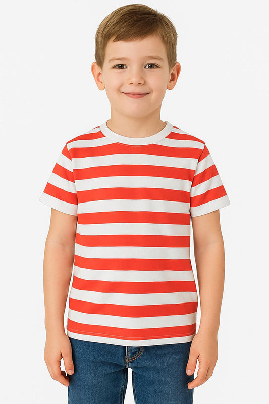 Boys Red and White Stripe T-Shirt – Classic Kids Fancy Dress Top for Pirate, Circus, Clown & Book Day Costumes