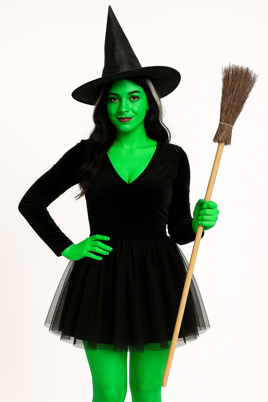 Witch Costume Set for Women & Girls – Black Pointed Hat, Wooden-Style Broomstick & Makeup Kit – Halloween Fancy Dress Accessories