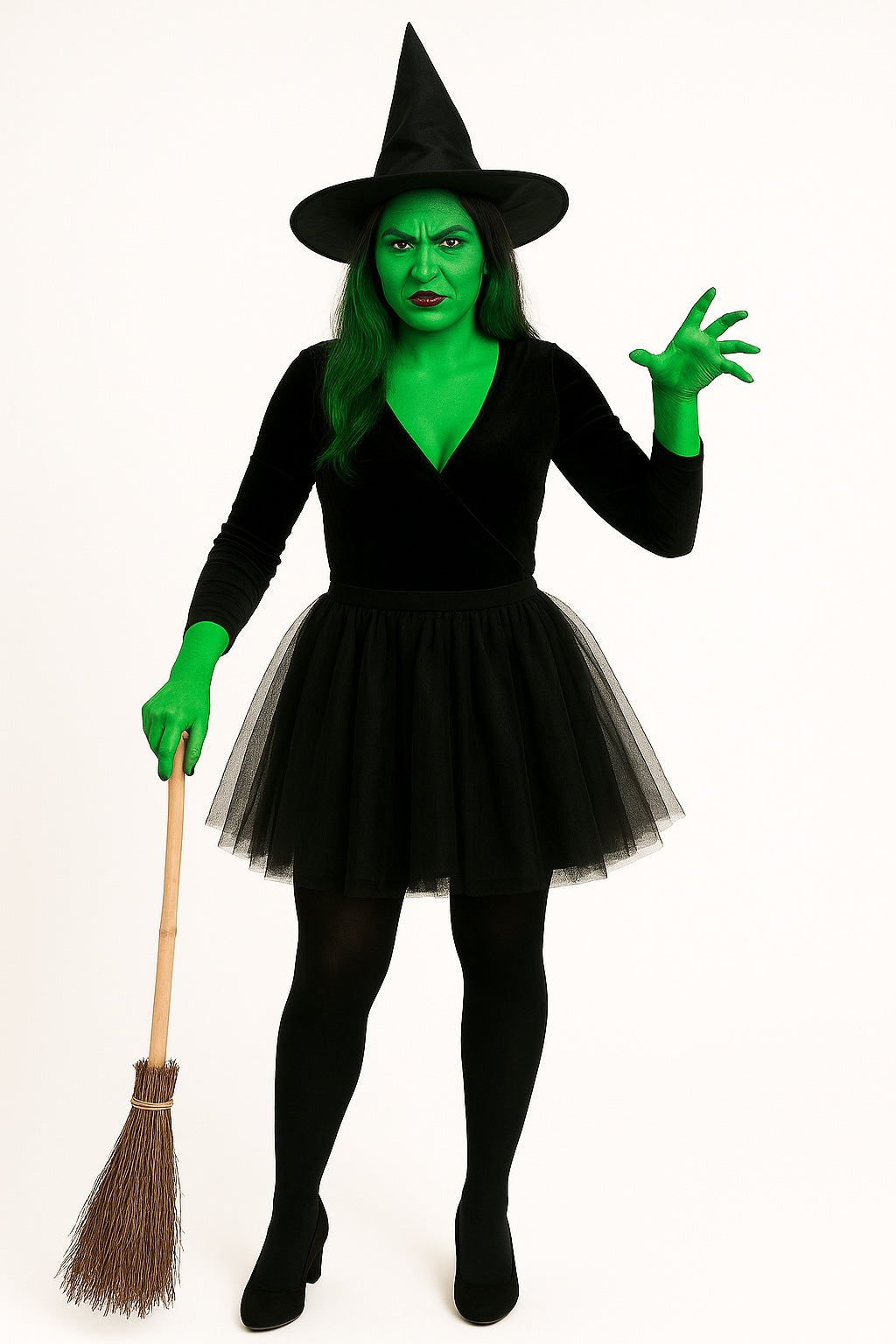 Witch Costume Set for Women & Girls – Black Pointed Hat, Wooden-Style Broomstick & Makeup Kit – Halloween Fancy Dress Accessories