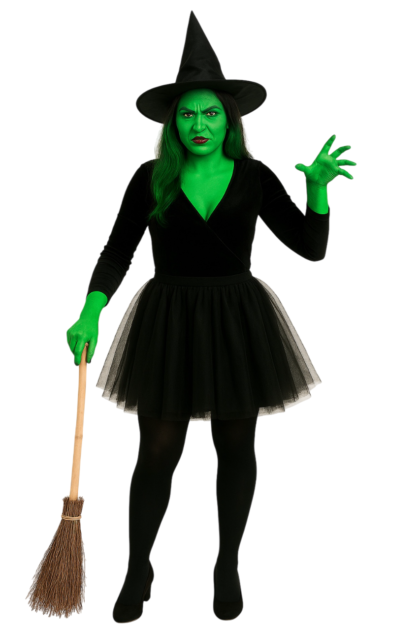 Witch Costume Set for Women & Girls – Black Pointed Hat, Wooden-Style Broomstick & Makeup Kit – Halloween Fancy Dress Accessories