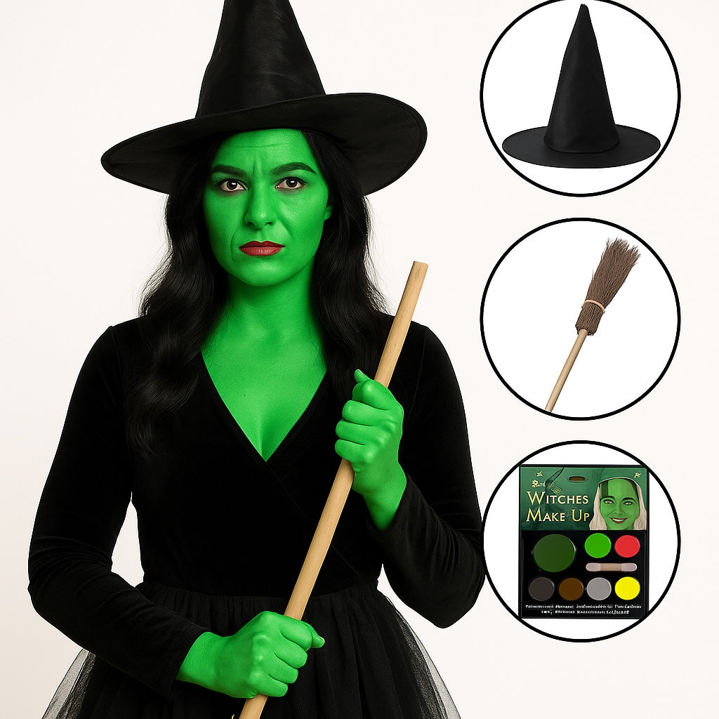 Witch Costume Set for Women & Girls – Black Pointed Hat, Wooden-Style Broomstick & Makeup Kit – Halloween Fancy Dress Accessories