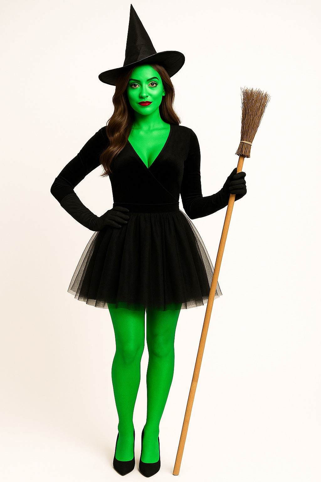 Witch Costume Set for Women & Girls – Black Pointed Hat, Wooden-Style Broomstick & Makeup Kit – Halloween Fancy Dress Accessories