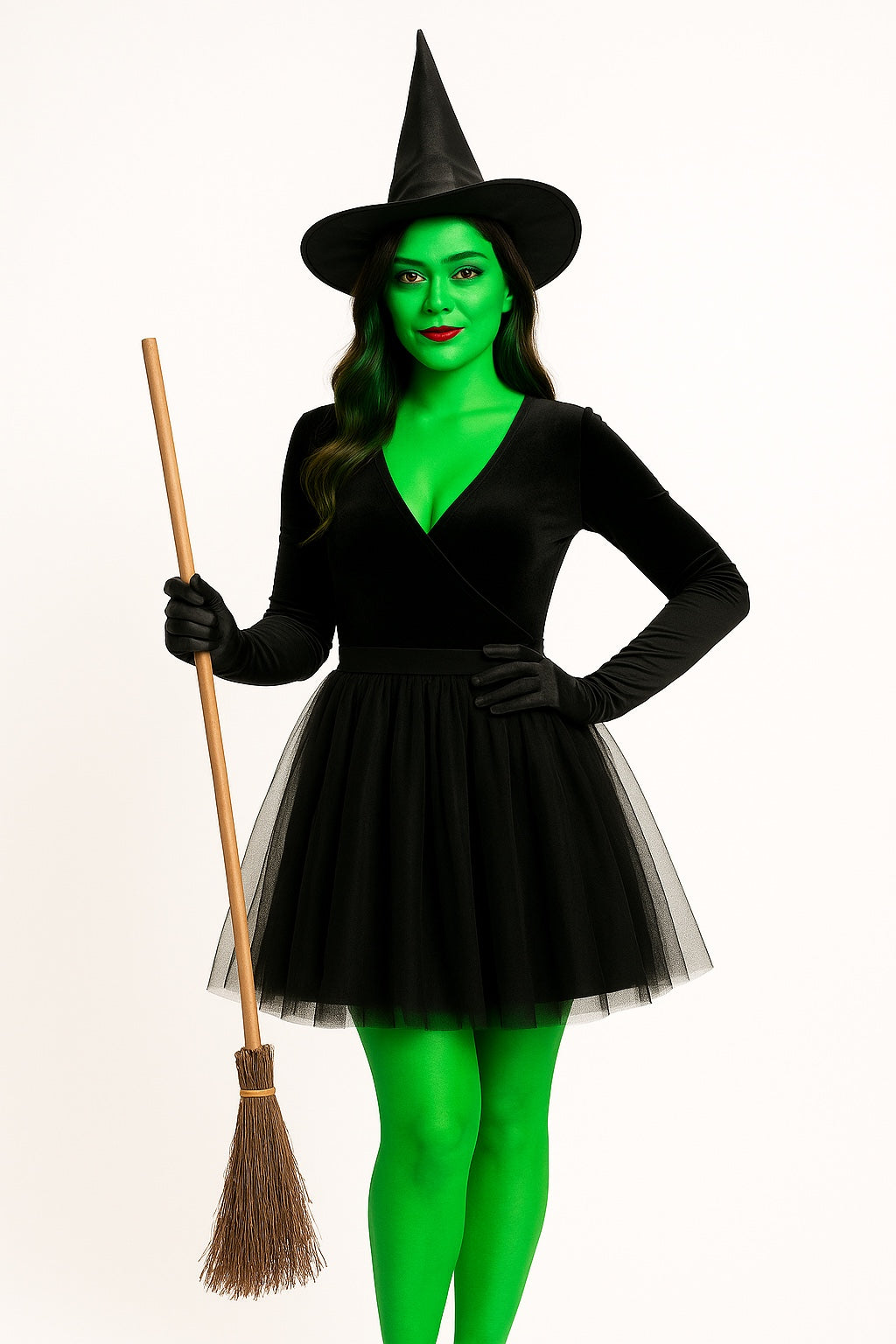 Witch Costume Set for Women & Girls – Black Pointed Hat, Wooden-Style Broomstick & Makeup Kit – Halloween Fancy Dress Accessories