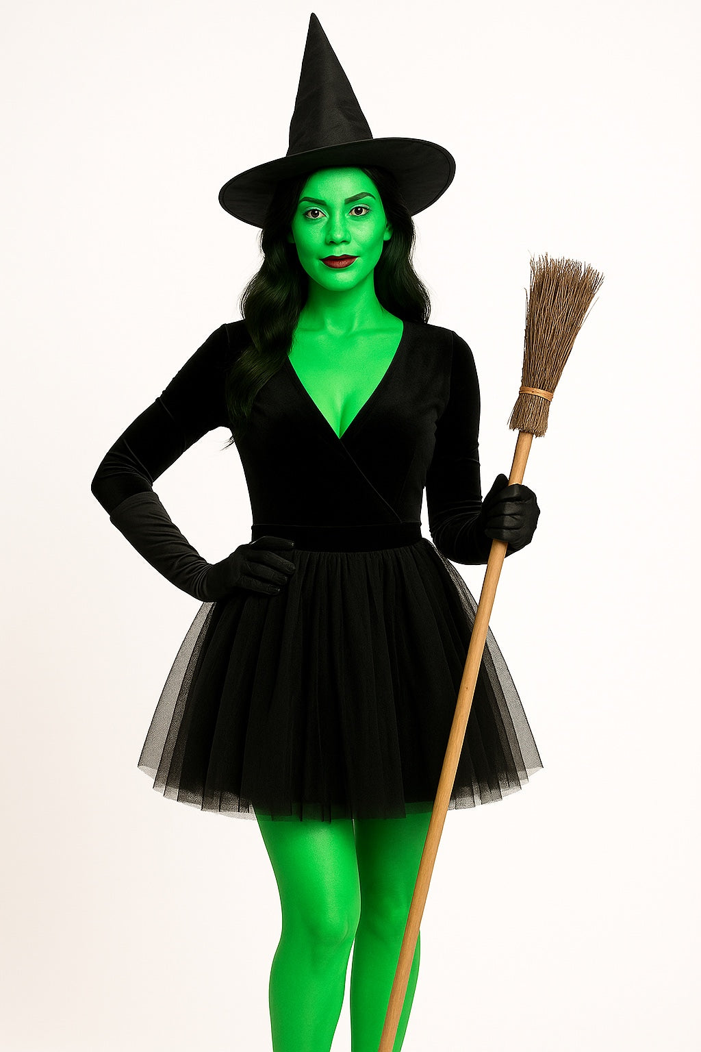 Witch Costume Set for Women & Girls – Black Pointed Hat, Wooden-Style Broomstick & Makeup Kit – Halloween Fancy Dress Accessories