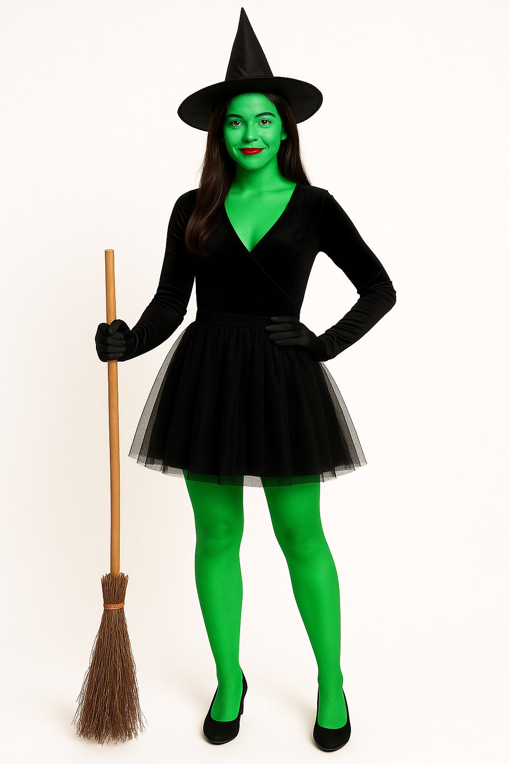 Witch Costume Set for Women & Girls – Black Pointed Hat, Wooden-Style Broomstick & Makeup Kit – Halloween Fancy Dress Accessories