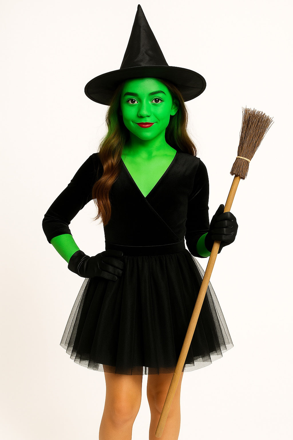 labreeze Girls Witch Costume Accessories Set – Pointed Hat, Wooden-Style Broomstick, 3-Layer Black Tutu Skirt, Short Gloves & Makeup Kit – Kids Halloween Fancy Dress