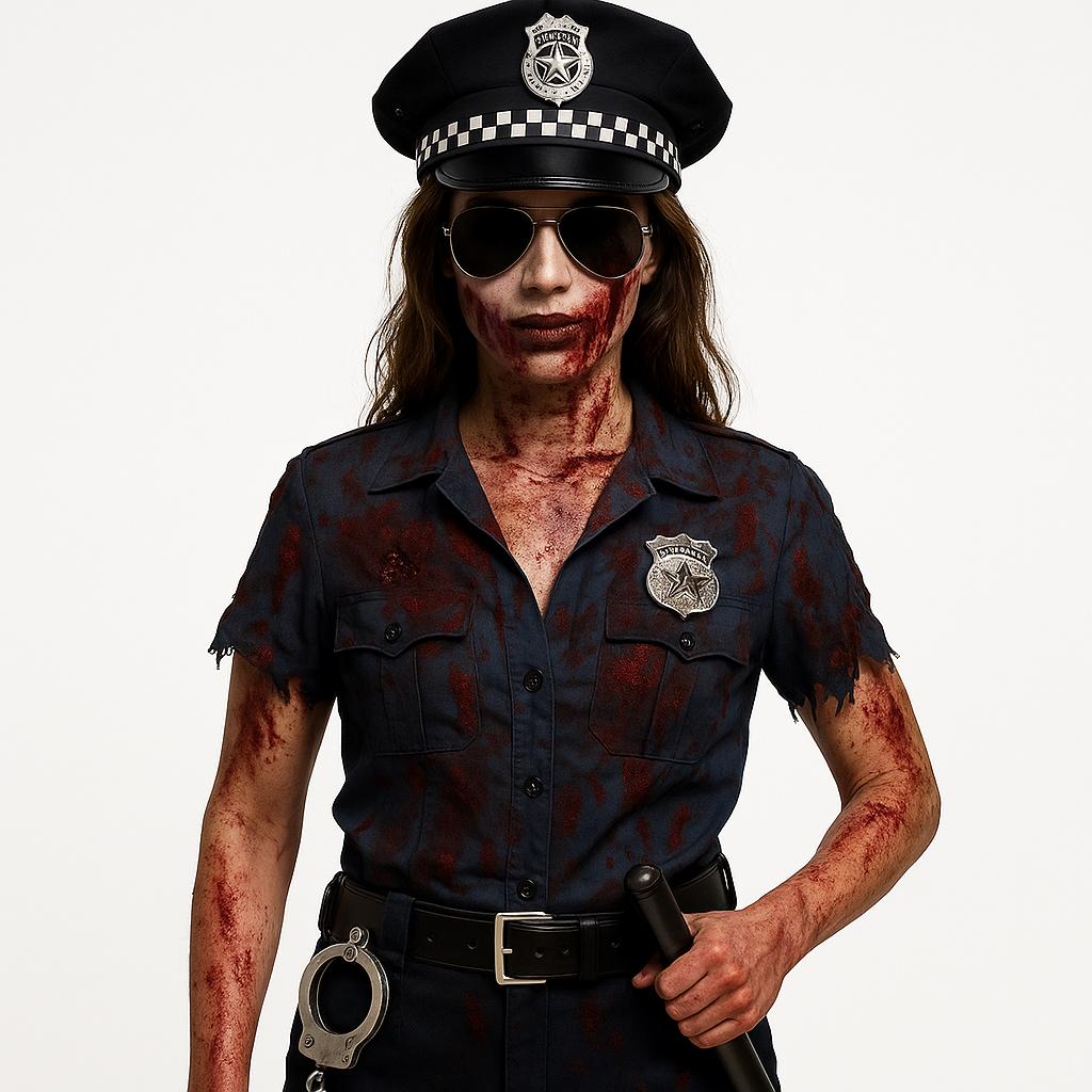 Women’s Zombie Police Costume Accessories Set – Includes Police Hat, Badge, Handcuffs, Black Sunglasses, Fake Blood & Police Truncheon – Halloween Fancy Dress Kit