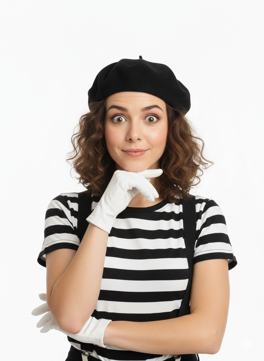 Women's French Mime Costume Set – Black & White Stripe T-Shirt, Black Beret Hat, White Gloves & Black Braces