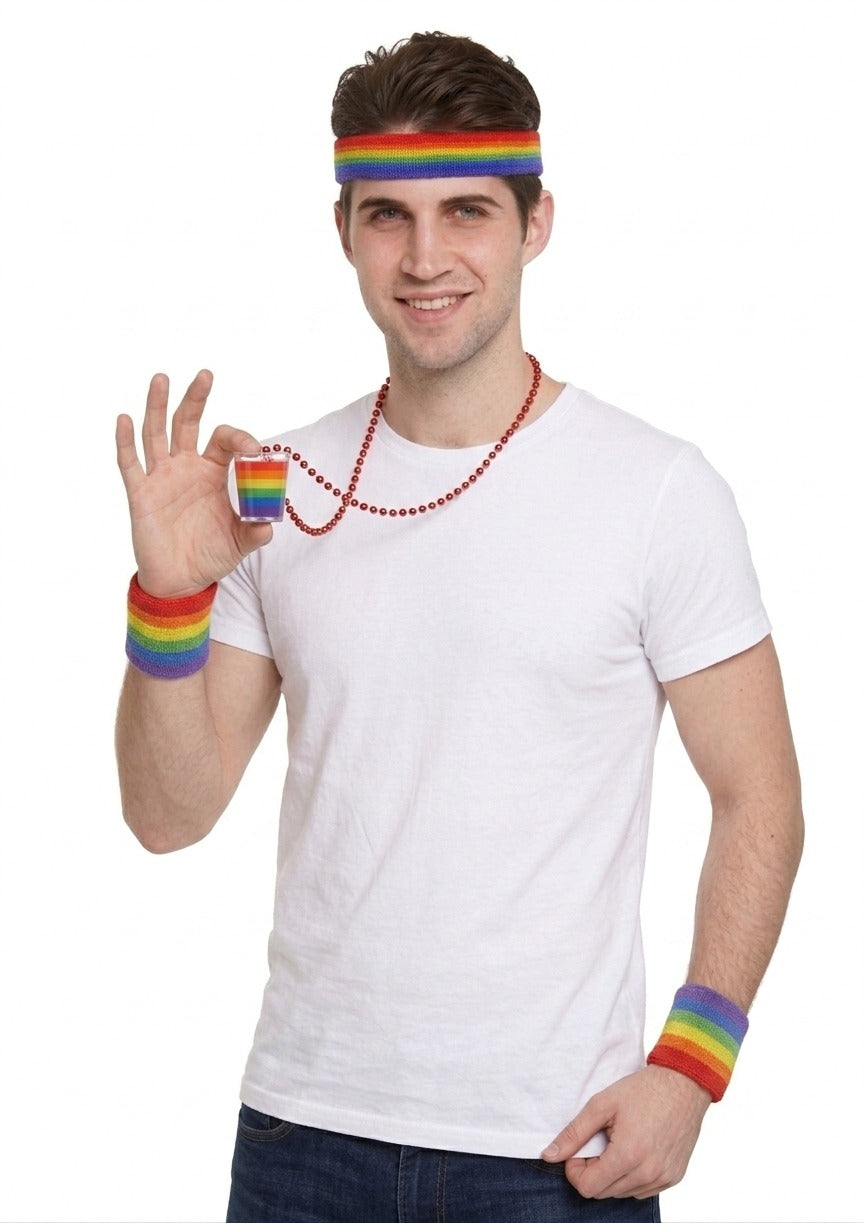 Pride Headband & Wristbands Set with Rainbow Shot Glass Necklace – LGBTQ+ Party Accessories - Labreeze Ltd