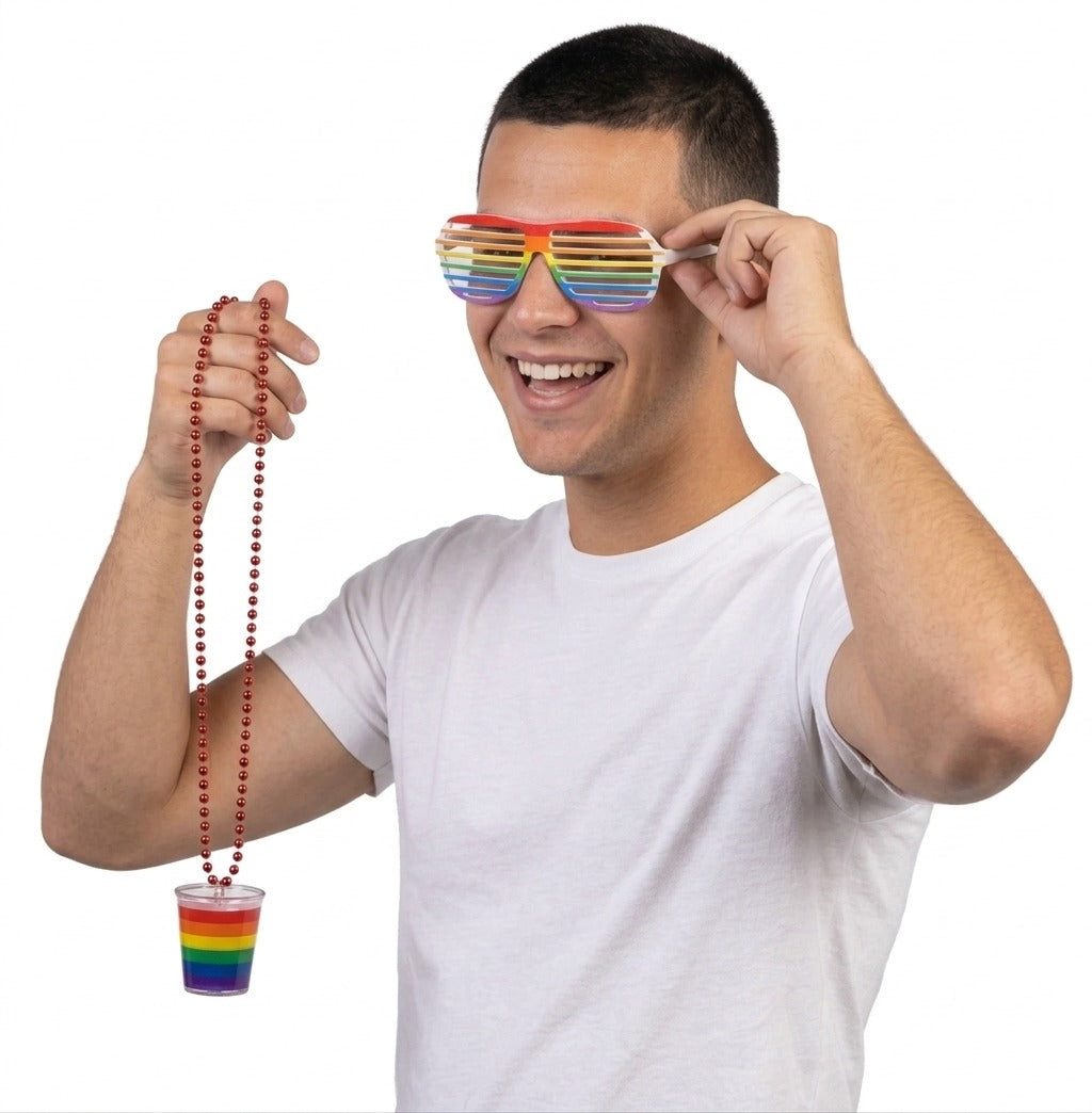 Rainbow Pride Glasses & Shot Glass Necklace Set – Adult Festival Party Accessories - Labreeze Ltd