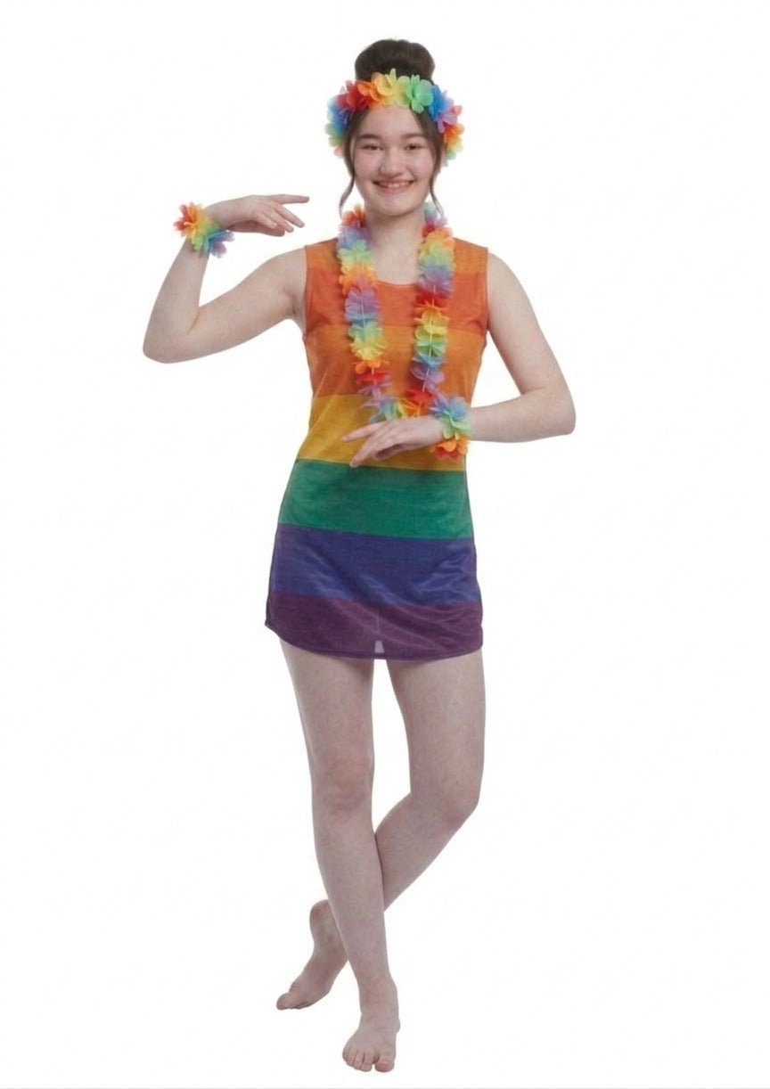 Pride Rainbow Dress with Hula Lei Set (4 Pieces) – Adult One Size Fancy Dress Costume - Labreeze Ltd