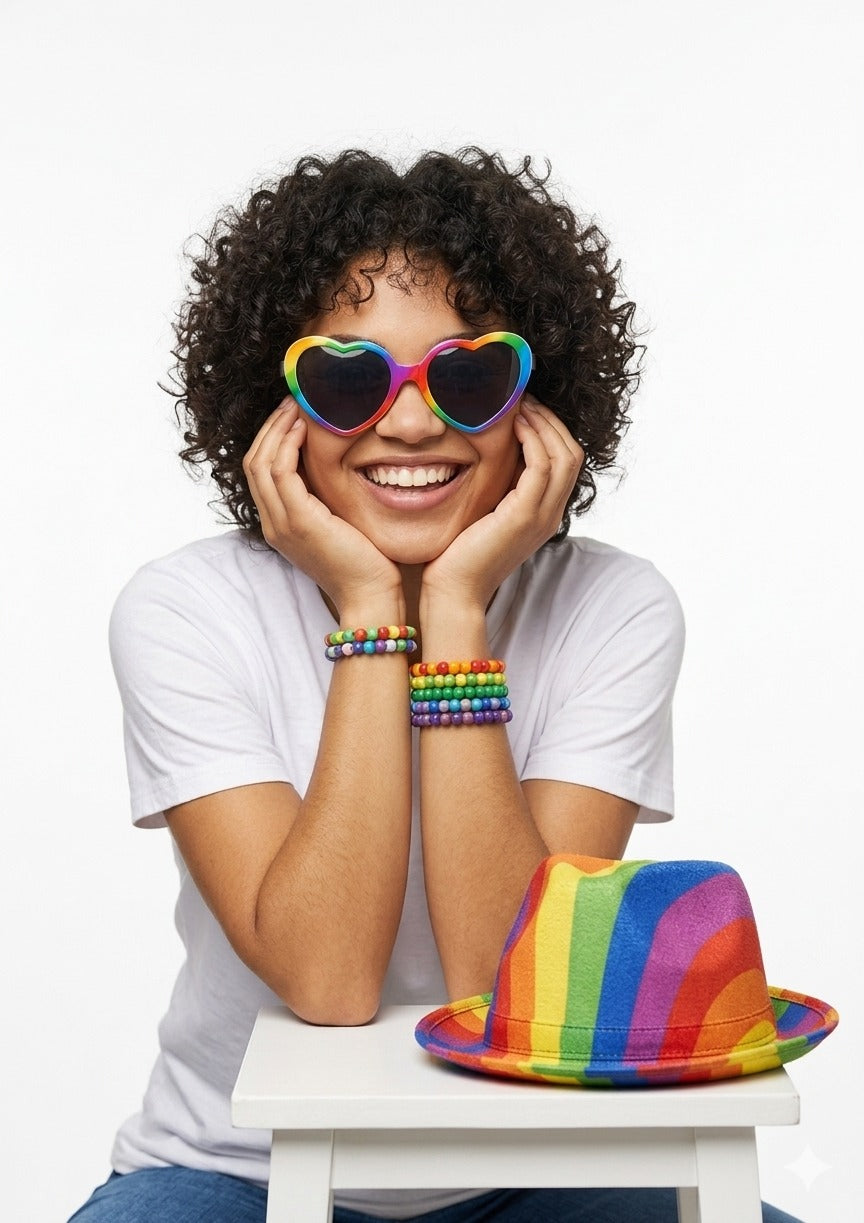 Pride Heart Glasses with Dark Lenses & Rainbow Pride Bucket Hat Set – Adult Festival Accessories - Labreeze Ltd