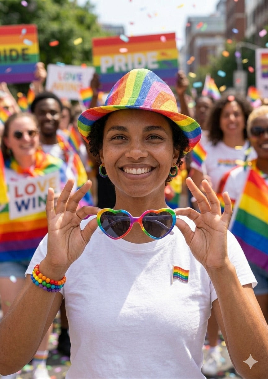 Pride Heart Glasses with Dark Lenses & Rainbow Pride Bucket Hat Set – Adult Festival Accessories - Labreeze Ltd