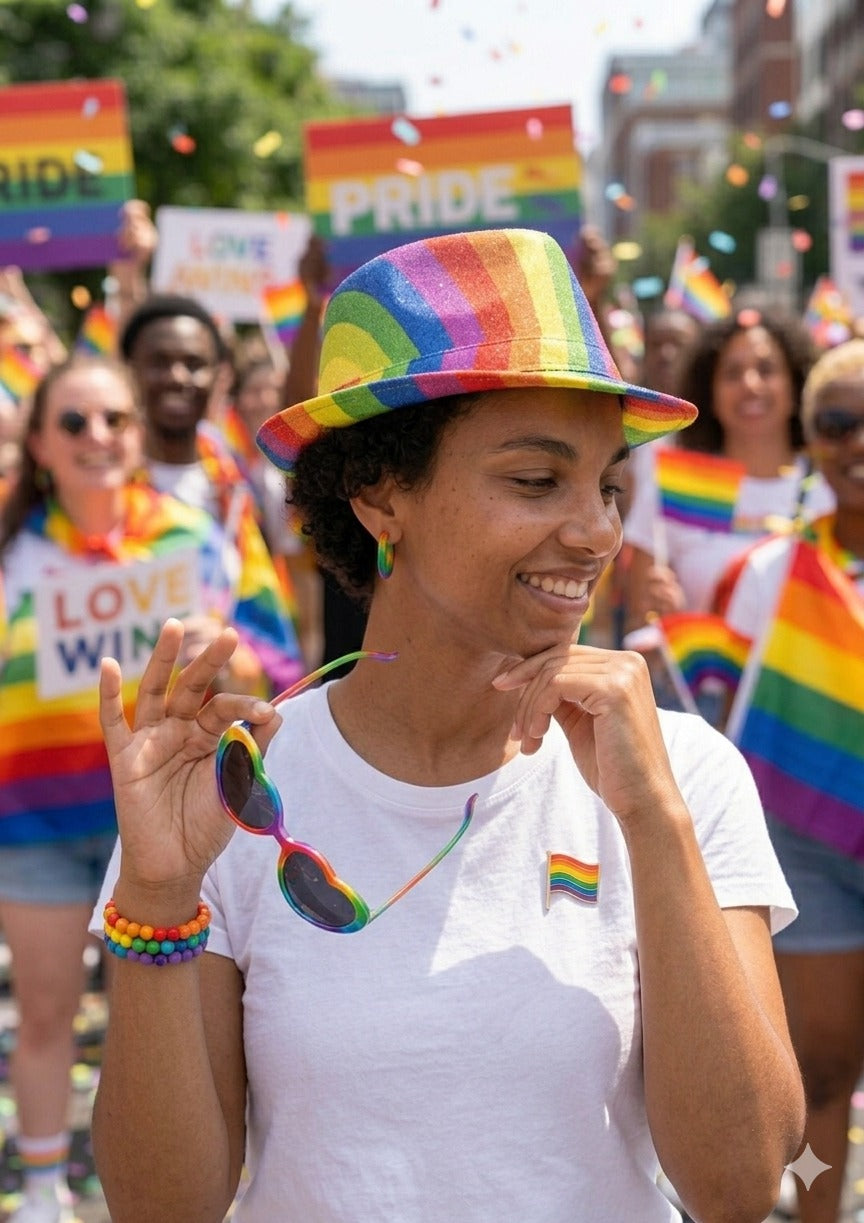 Pride Heart Glasses with Dark Lenses & Rainbow Pride Bucket Hat Set – Adult Festival Accessories - Labreeze Ltd