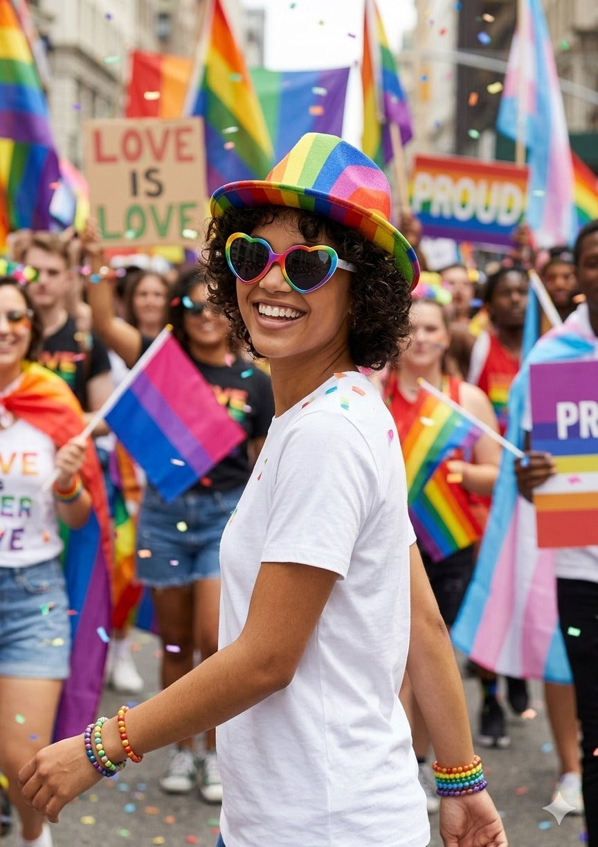 Pride Heart Glasses with Dark Lenses & Rainbow Pride Bucket Hat Set – Adult Festival Accessories - Labreeze Ltd