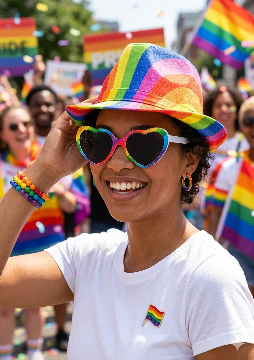 Pride Heart Glasses with Dark Lenses & Rainbow Pride Bucket Hat Set – Adult Festival Accessories - Labreeze Ltd