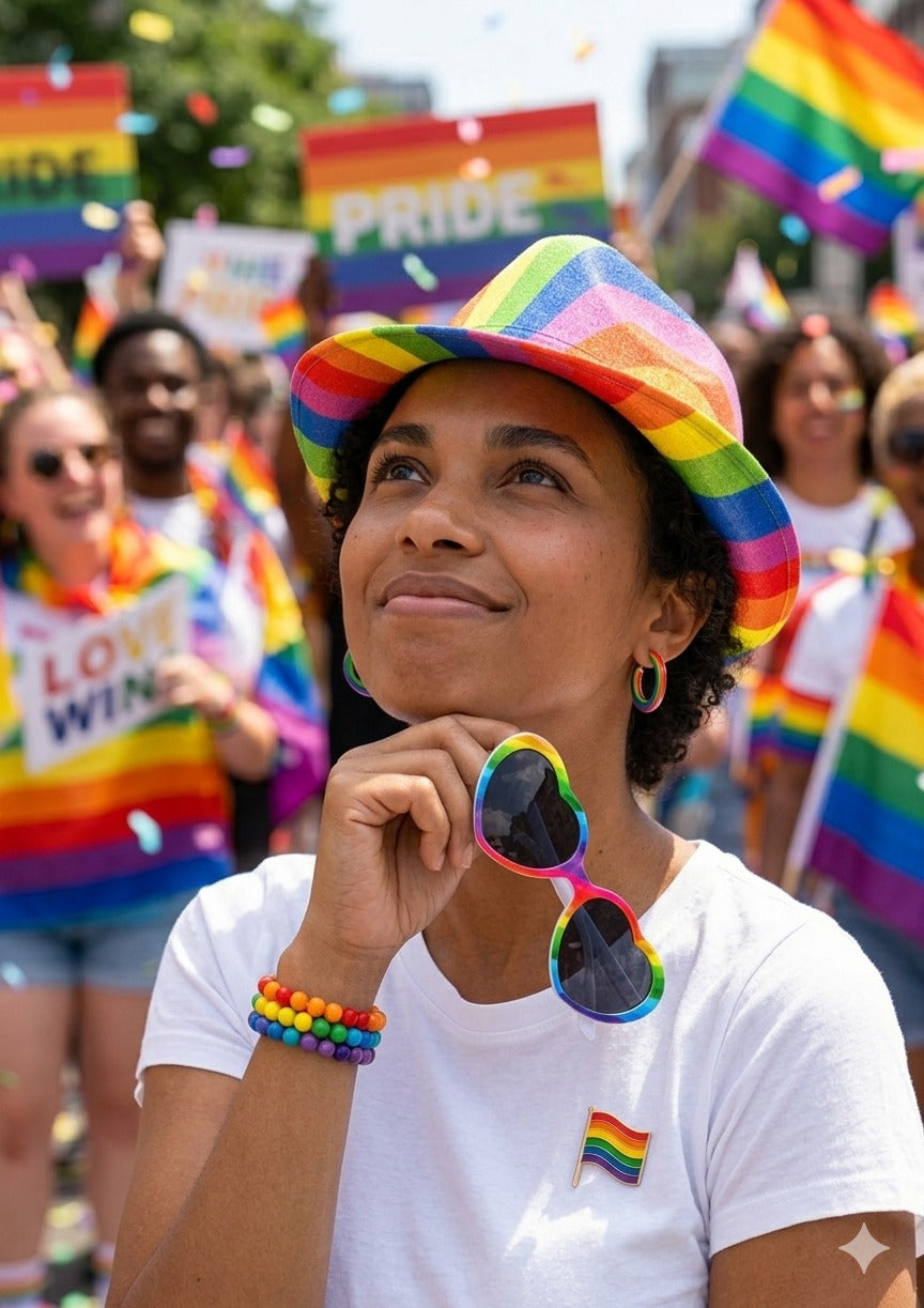 Pride Heart Glasses with Dark Lenses & Rainbow Pride Bucket Hat Set – Adult Festival Accessories - Labreeze Ltd