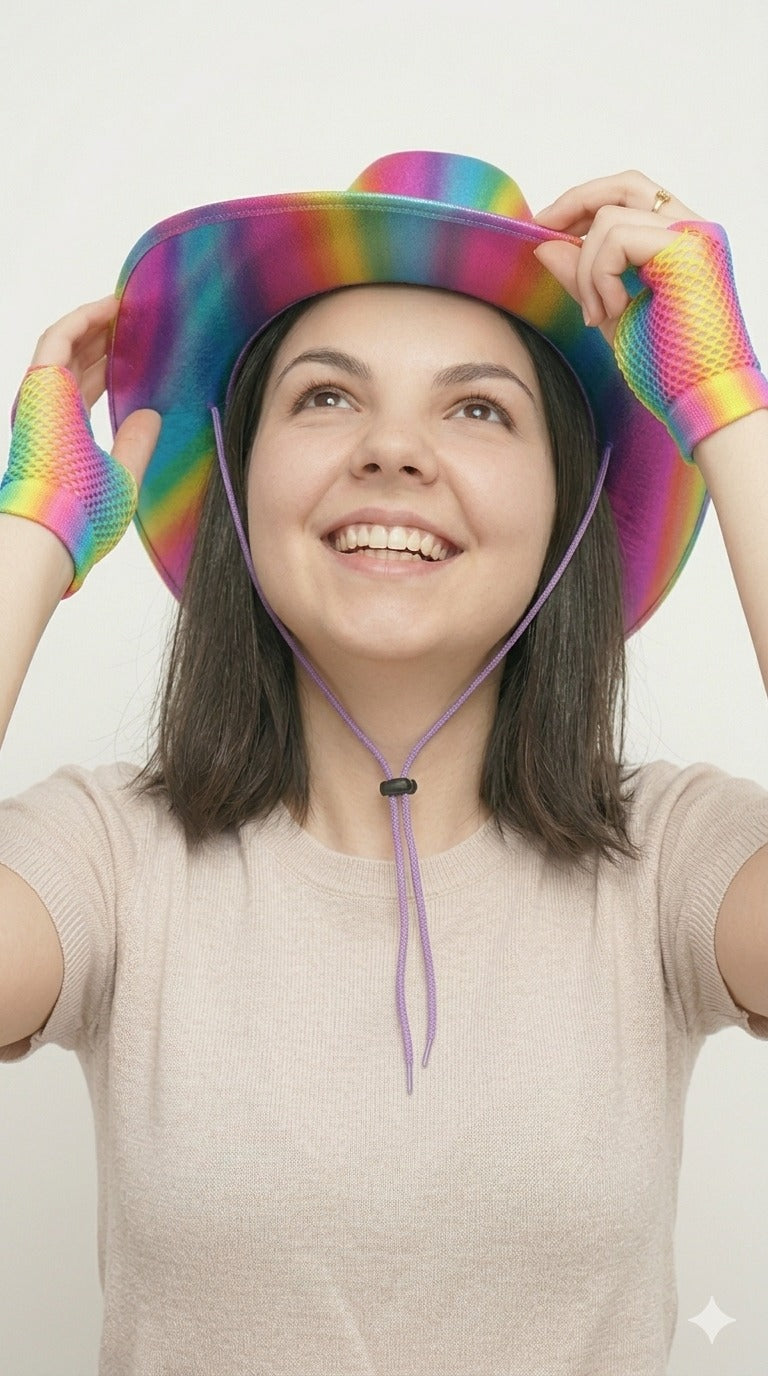 Rainbow Short Fingerless Fishnet Gloves & Shiny Pride Cowboy Hat with Cord – Adult Festival Accessories Set - Labreeze Ltd