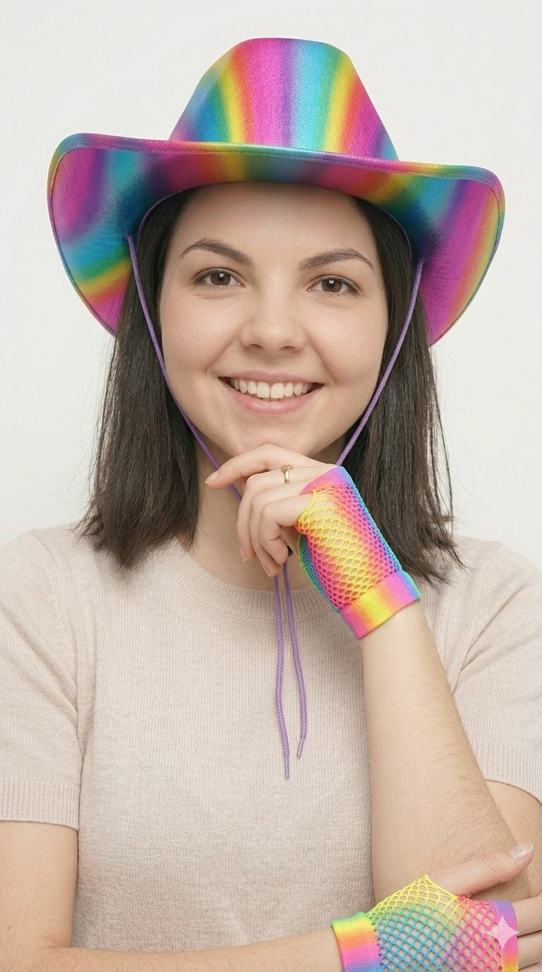 Rainbow Short Fingerless Fishnet Gloves & Shiny Pride Cowboy Hat with Cord – Adult Festival Accessories Set - Labreeze Ltd