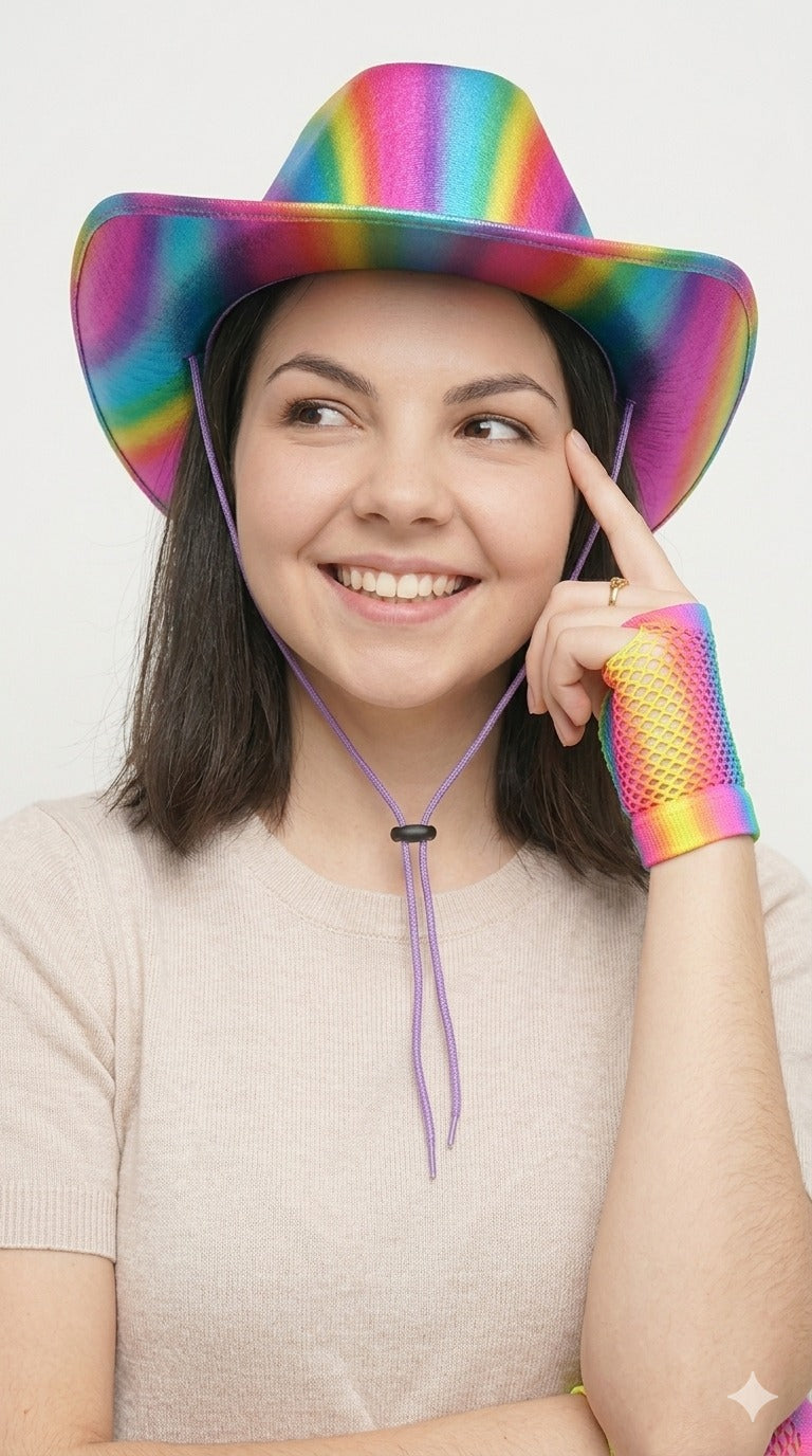 Rainbow Short Fingerless Fishnet Gloves & Shiny Pride Cowboy Hat with Cord – Adult Festival Accessories Set - Labreeze Ltd