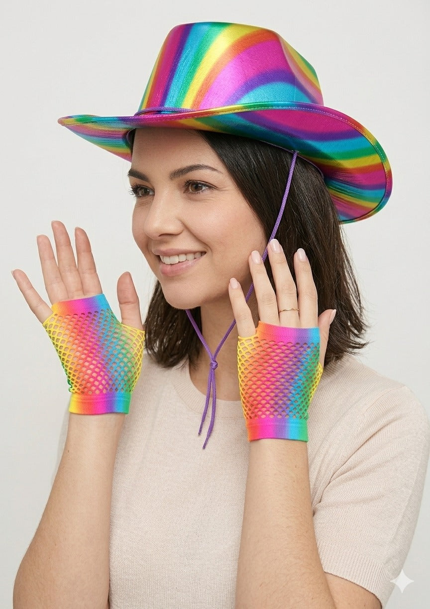 Rainbow Short Fingerless Fishnet Gloves & Shiny Pride Cowboy Hat with Cord – Adult Festival Accessories Set - Labreeze Ltd