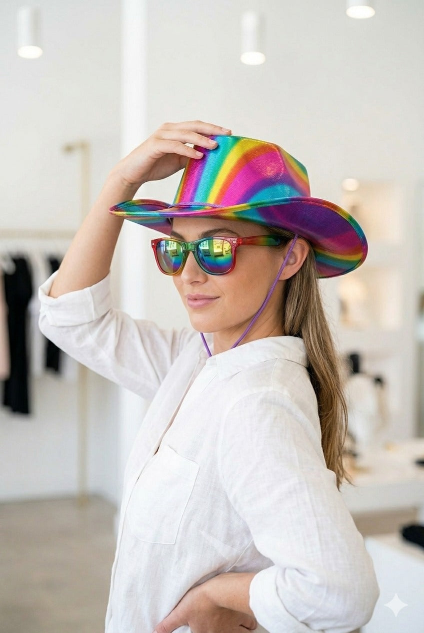 Rainbow Fingerless Fishnet Gloves & Shiny Pride Cowboy Hat Set – Adult Festival Fancy Dress Accessories - Labreeze Ltd