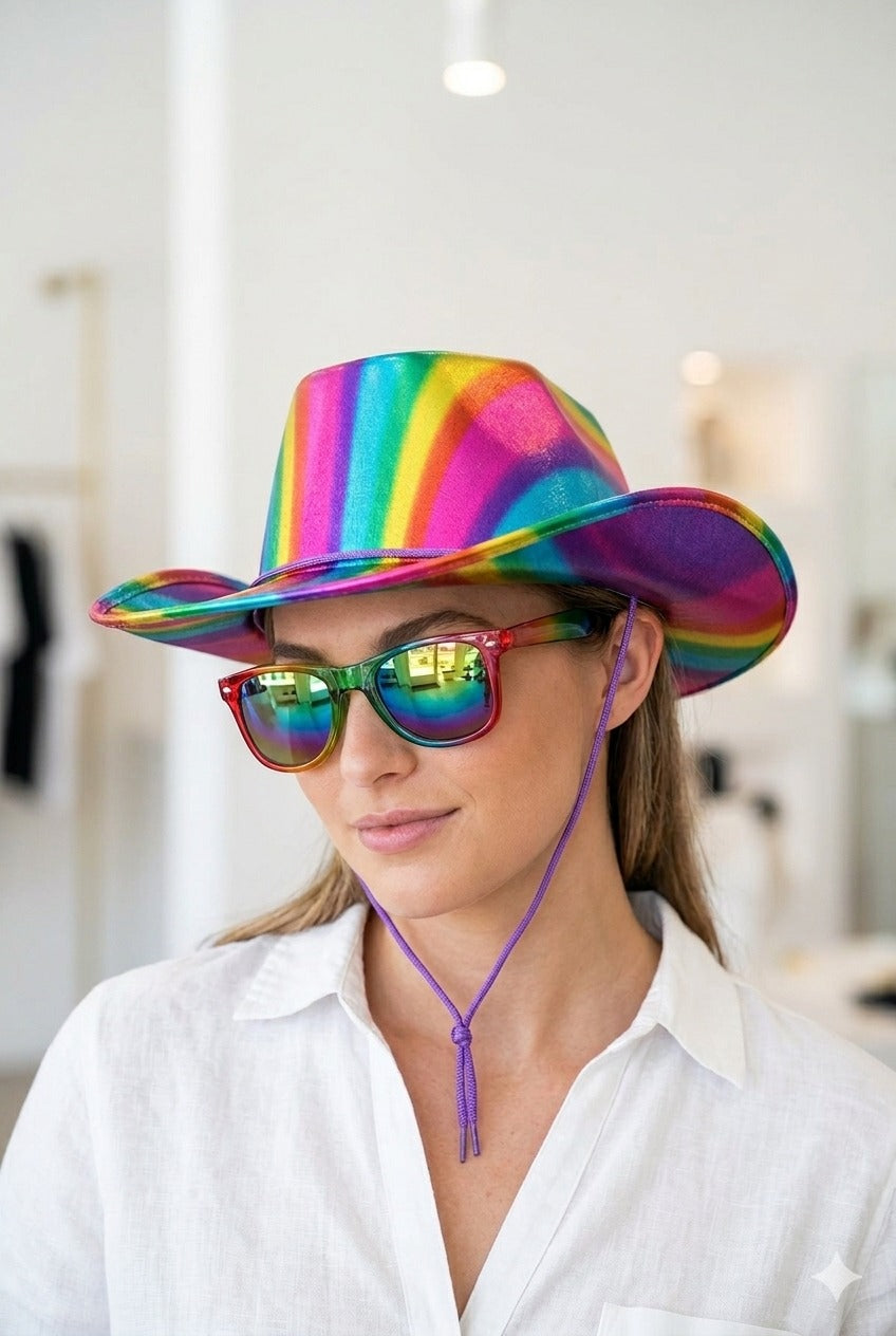 Rainbow Fingerless Fishnet Gloves & Shiny Pride Cowboy Hat Set – Adult Festival Fancy Dress Accessories - Labreeze Ltd