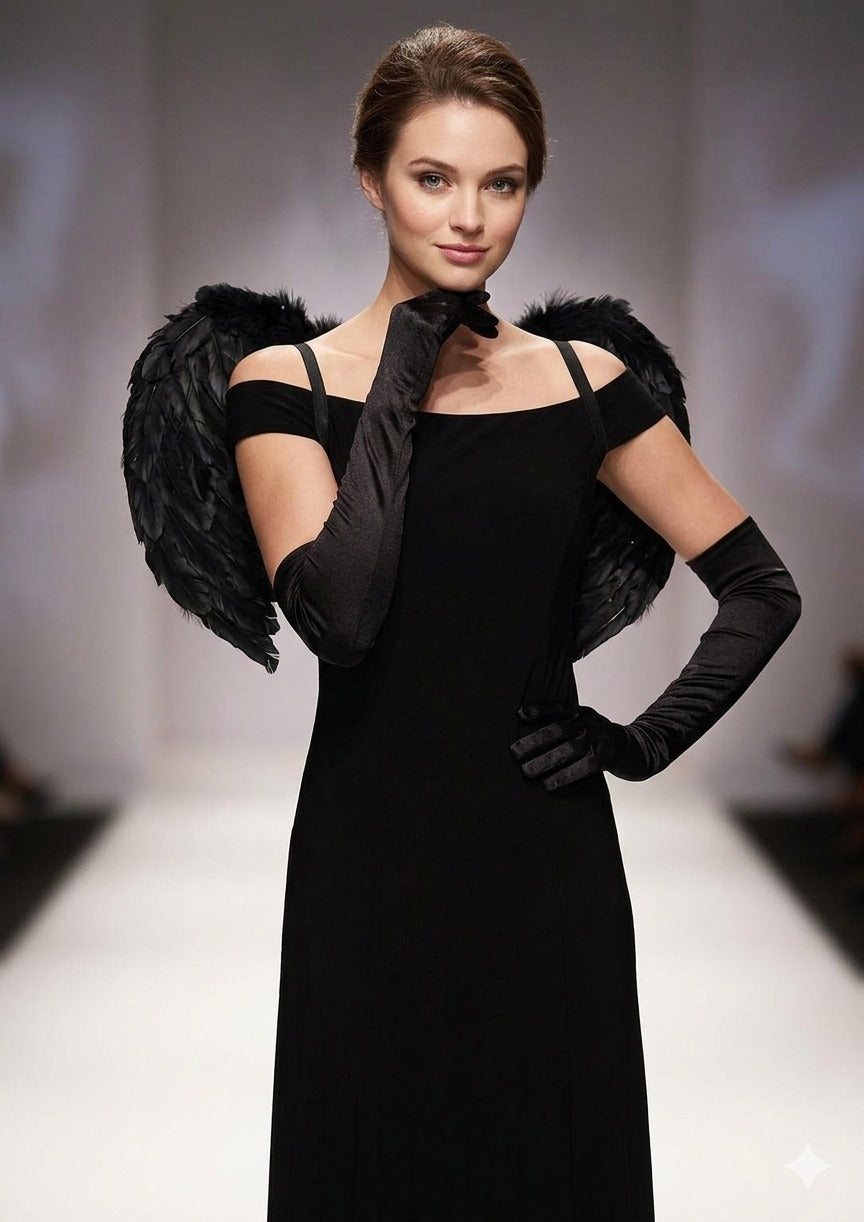 Adult Black Angel Feather Wings & Long Black Gloves Set – Gothic Fancy Dress Costume Accessories