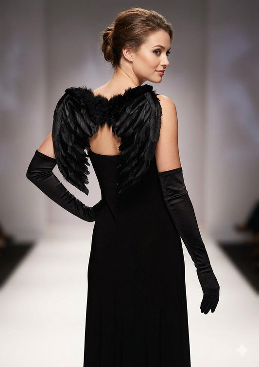 Adult Black Angel Feather Wings & Long Black Gloves Set – Gothic Fancy Dress Costume Accessories