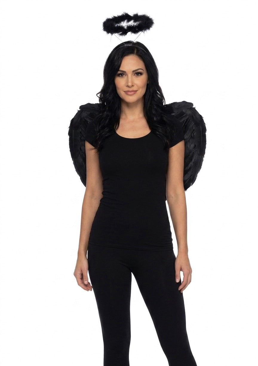 Adult Black Angel Wings & Black Halo Set – 2 Piece Gothic Fancy Dress Costume Accessories