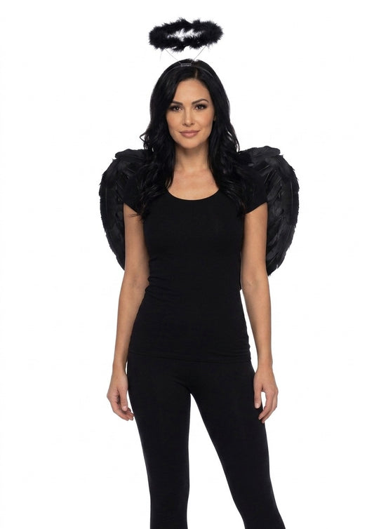 Adult Black Angel Wings & Black Halo Set – 2 Piece Gothic Fancy Dress Costume Accessories