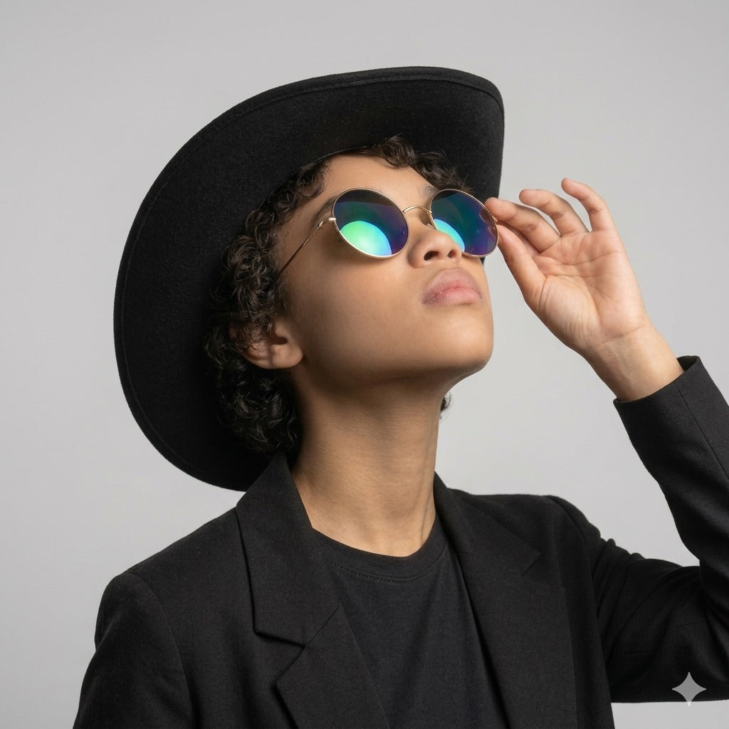 Black Cowboy Hat & Large Gold Frame Rainbow Glasses Set – Adult Festival Fancy Dress Accessories