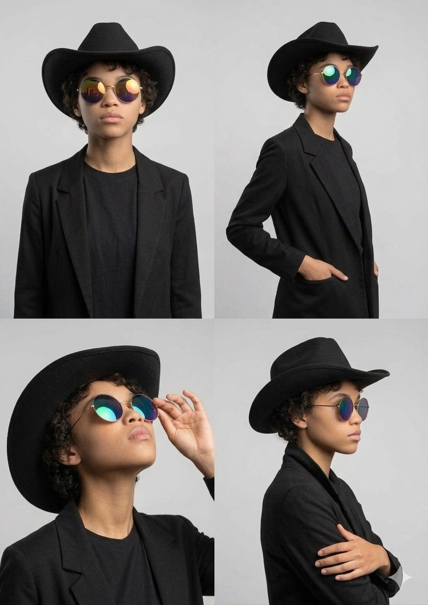 Black Cowboy Hat & Large Gold Frame Rainbow Glasses Set – Adult Festival Fancy Dress Accessories