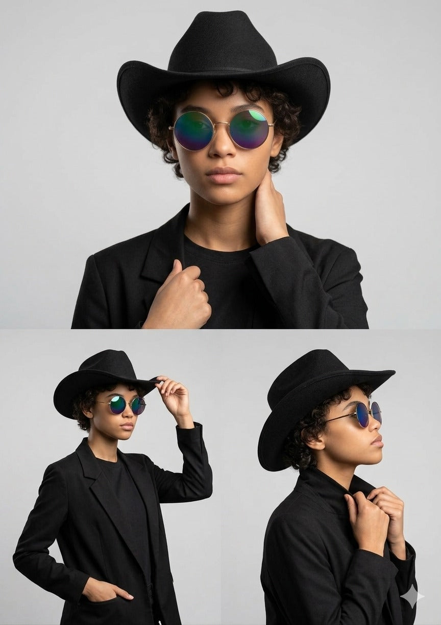 Black Cowboy Hat & Large Gold Frame Rainbow Glasses Set – Adult Festival Fancy Dress Accessories