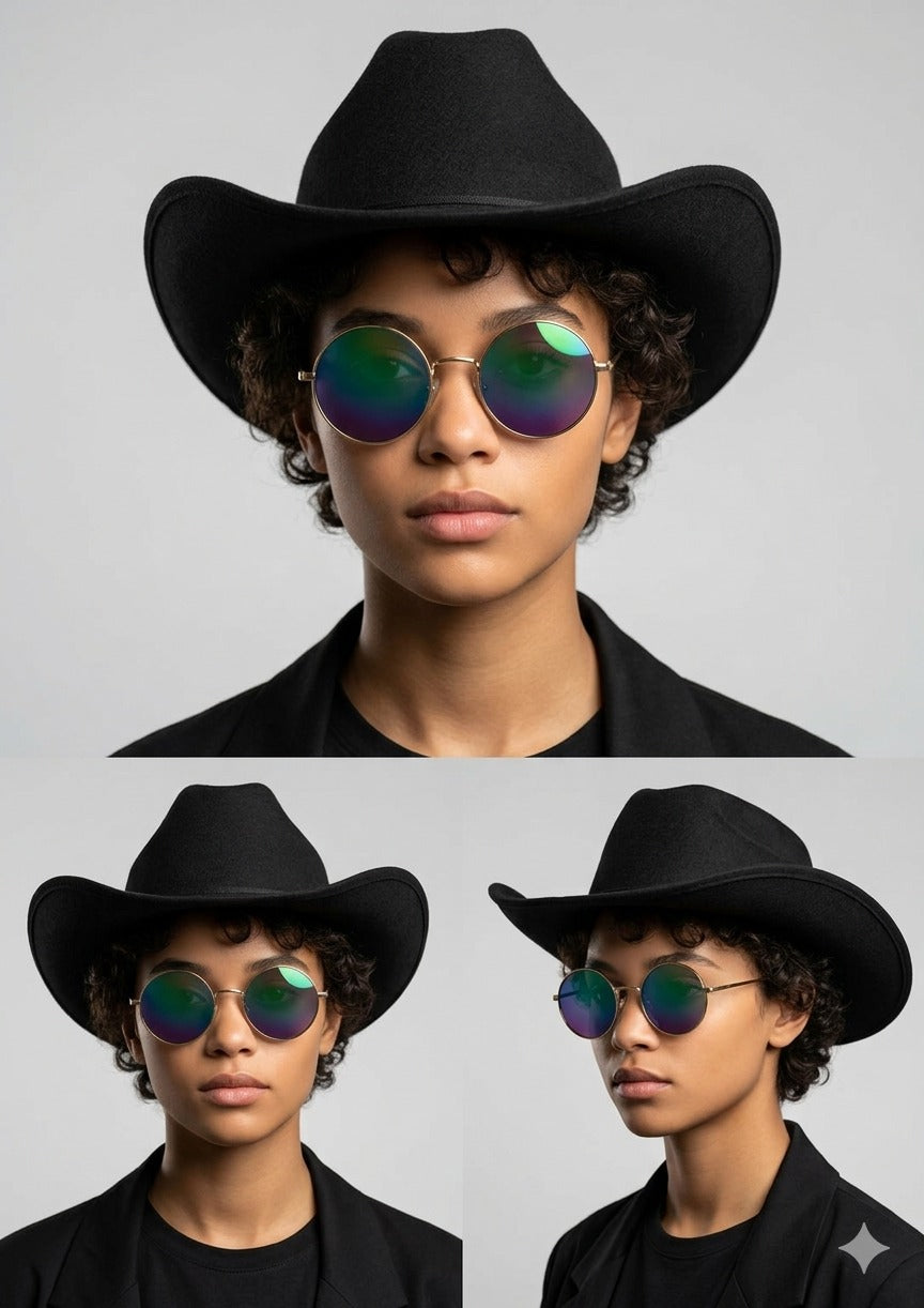 Black Cowboy Hat & Large Gold Frame Rainbow Glasses Set – Adult Festival Fancy Dress Accessories