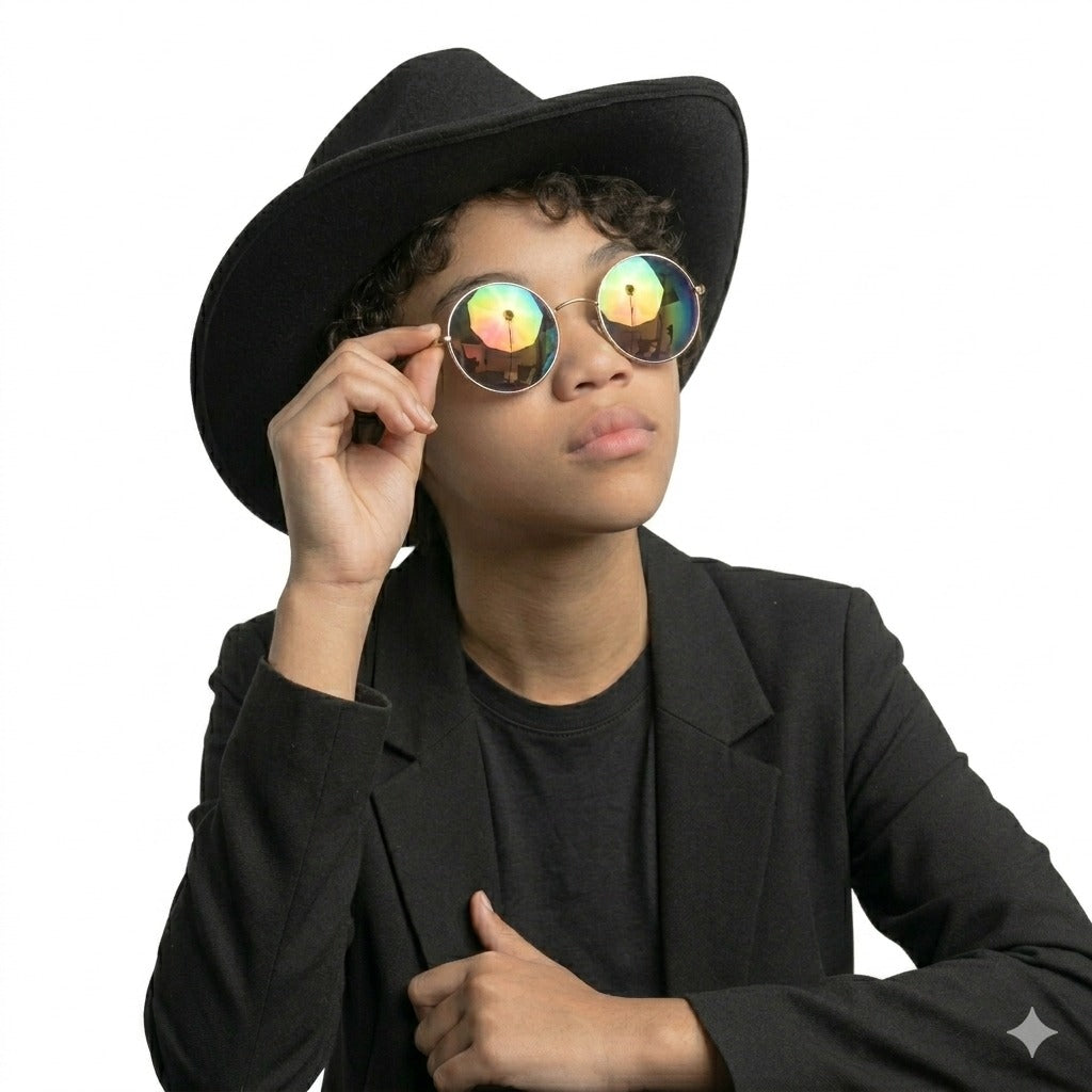 Black Cowboy Hat & Large Gold Frame Rainbow Glasses Set – Adult Festival Fancy Dress Accessories