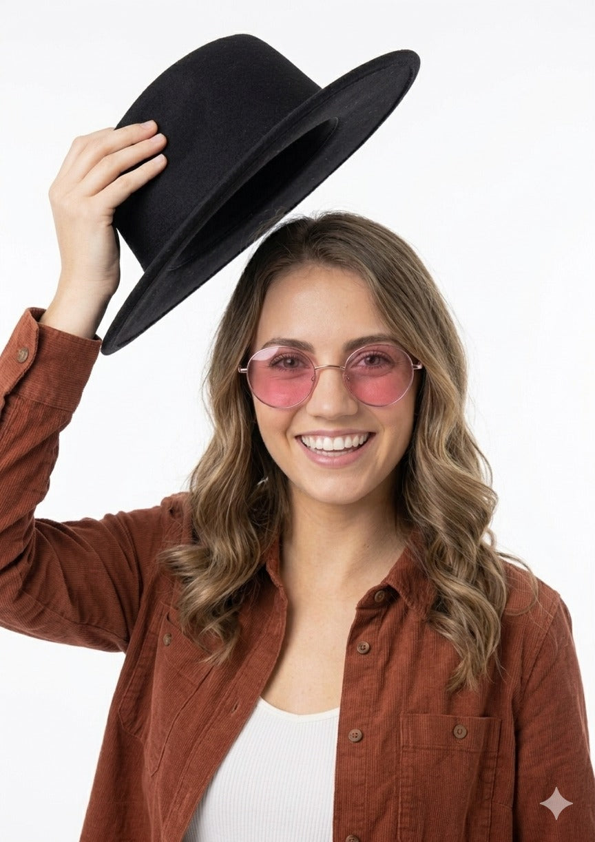 Black Cowboy Hat & Large Gold Frame Pink Glasses Set – Adult Festival Fancy Dress Accessories