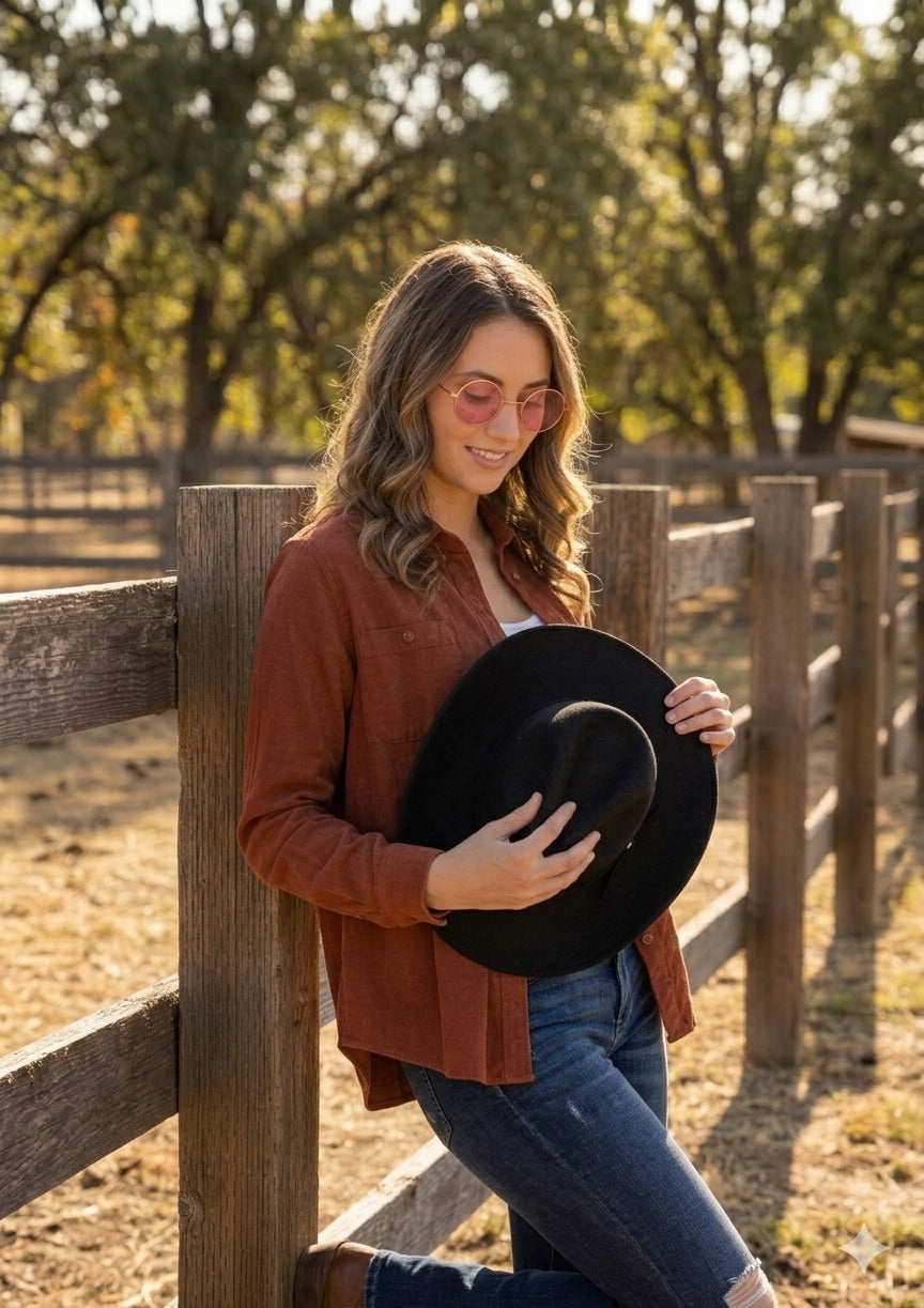 Black Cowboy Hat & Large Gold Frame Pink Glasses Set – Adult Festival Fancy Dress Accessories