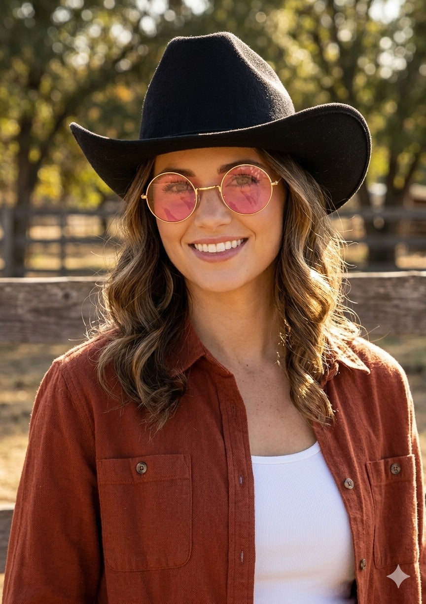 Black Cowboy Hat & Large Gold Frame Pink Glasses Set – Adult Festival Fancy Dress Accessories