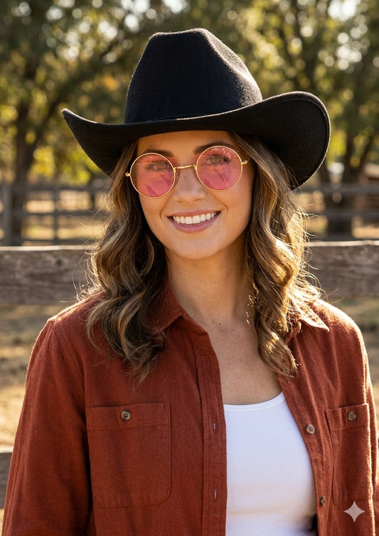 Black Cowboy Hat & Large Gold Frame Pink Glasses Set – Adult Festival Fancy Dress Accessories