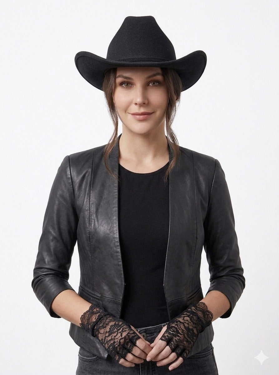 Black Cowboy Hat & Black Fingerless Lace Gloves Set – Adult Western Fancy Dress Accessories