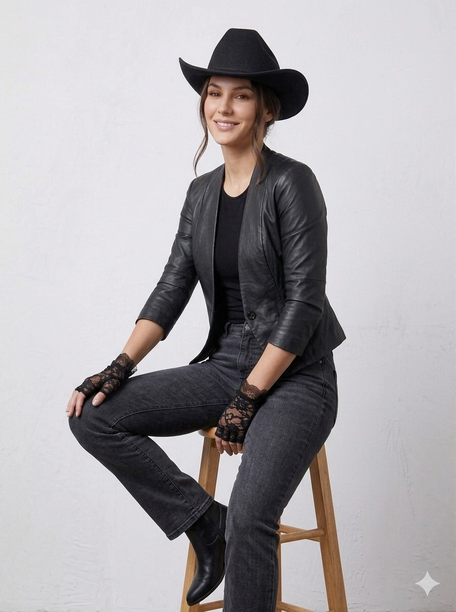Black Cowboy Hat & Black Fingerless Lace Gloves Set – Adult Western Fancy Dress Accessories