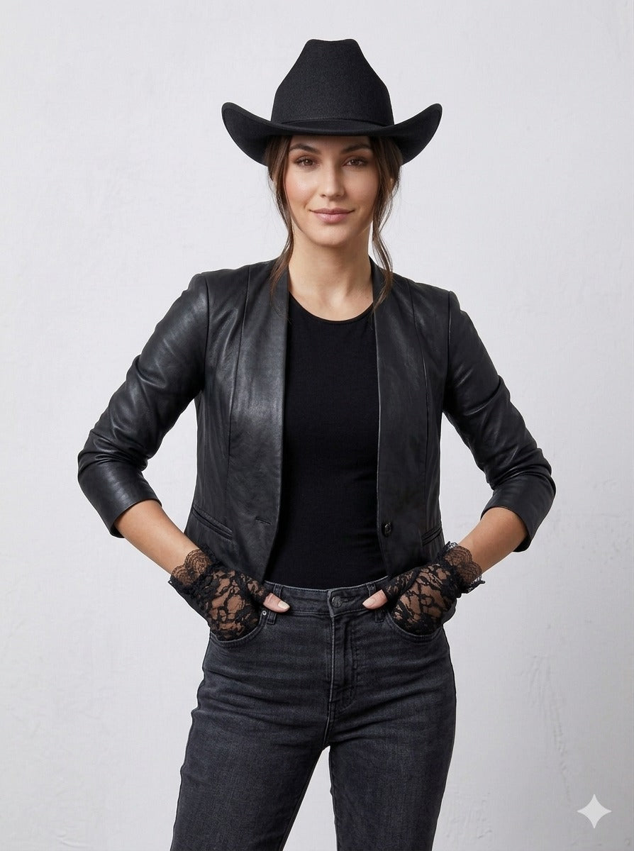 Black Cowboy Hat & Black Fingerless Lace Gloves Set – Adult Western Fancy Dress Accessories