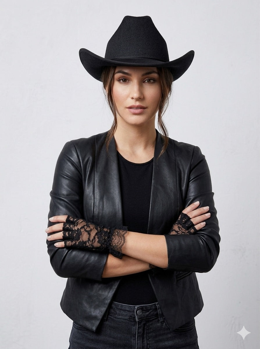 Black Cowboy Hat & Black Fingerless Lace Gloves Set – Adult Western Fancy Dress Accessories