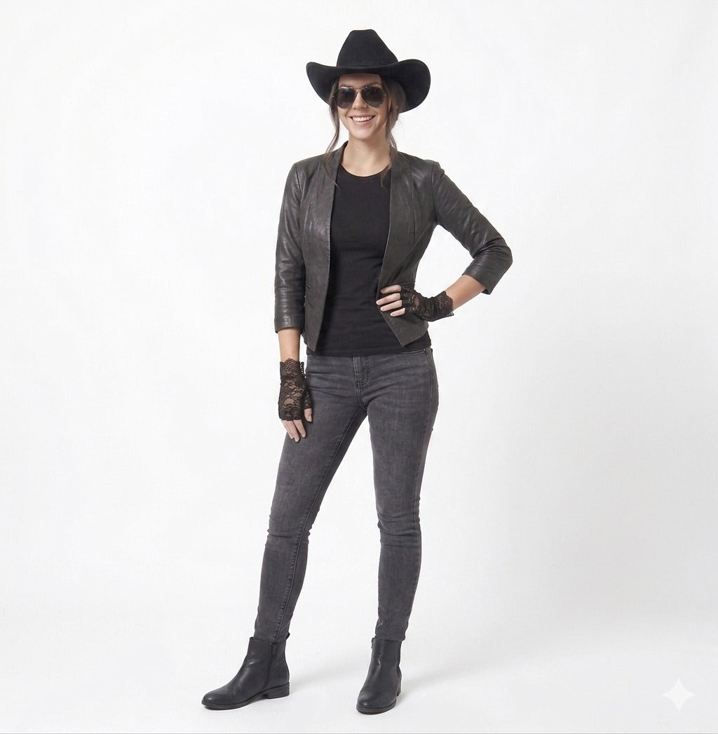 Pop Icon Glasses, Black Fingerless Lace Gloves & Black Cowboy Hat Set – Adult Fancy Dress Accessories