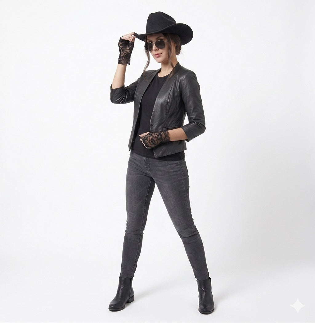 Pop Icon Glasses, Black Fingerless Lace Gloves & Black Cowboy Hat Set – Adult Fancy Dress Accessories